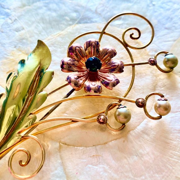 Vintage 1940s Van Dell 12K Gold Filled Floral Wire Brooch - Picture 3 of 7